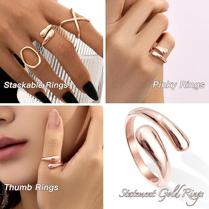 Non Tarnish Gold Chunky Rings for Women, 14K Gold Plated Statement Dome Rings Stacking Silver, Adjustable Mens Eternity Wedding Band Mixed Metal Jewelry Size 3-13