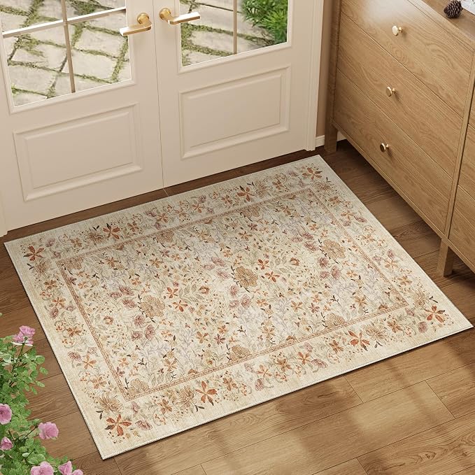 DUKINO 2x3 Entryway Rug, Washable Vintage Floral Area Rug, Beige | Non Slip, Low Pile, Non-Shedding, Soft Indoor Door Mat, Small Front Door Throw Carpet for Bathroom Kitchen Entrance Bedroom
