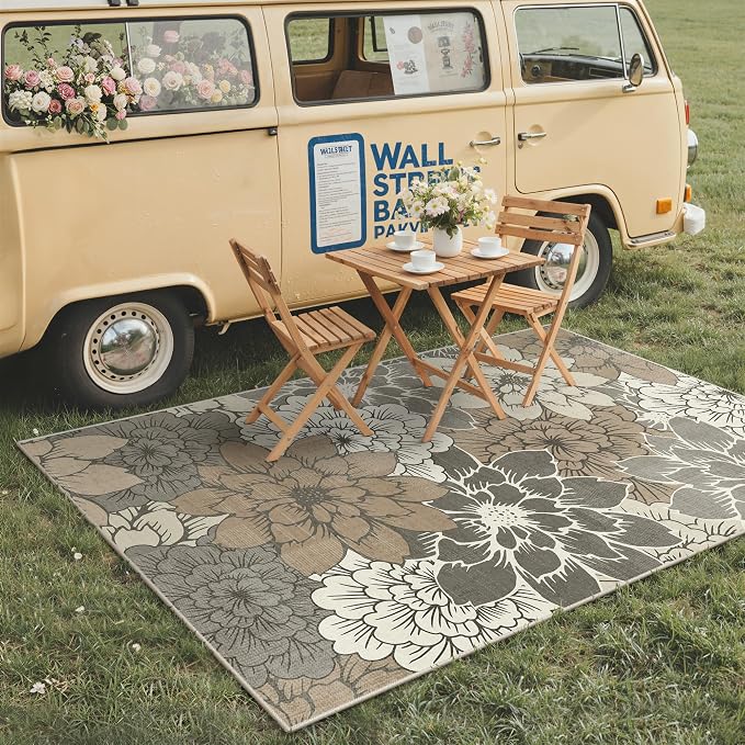 GENIMO 8x10 Outdoor Rug, Washable for Patio and Deck, Coffee Beige | Floral design for backyard; fade resistant chenille with quick-dry non-slip backing for indoor living rooms