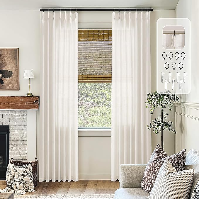 Pinch Pleated Linen Curtains 132 Inches Long Extra Long Custom Made | Memory Shaped, Light Filtering, Luxury, Pleat Drapes, for High Ceiling, Living Room, 132 Inch Curtain, Hooks Rings, Back Tab