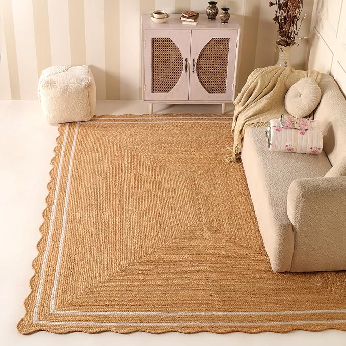Natural Scalloped Wave 8'x10' Jute Area Rug Handwoven Braided Living Room
