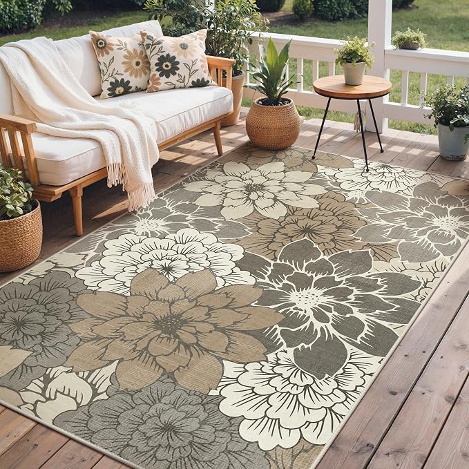 GENIMO 8x10 Outdoor Rug, Washable for Patio and Deck, Coffee Beige | Floral design for backyard; fade resistant chenille with quick-dry non-slip backing for indoor living rooms