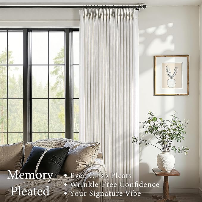 60 Inch Extra Wide Pinch Pleated Curtains 105 Inch Length for Living Room Large Window Drapes Light Filtering Privacy for Bedroom Back Tab with Hooks Clip Rings Natural 60W x 105L