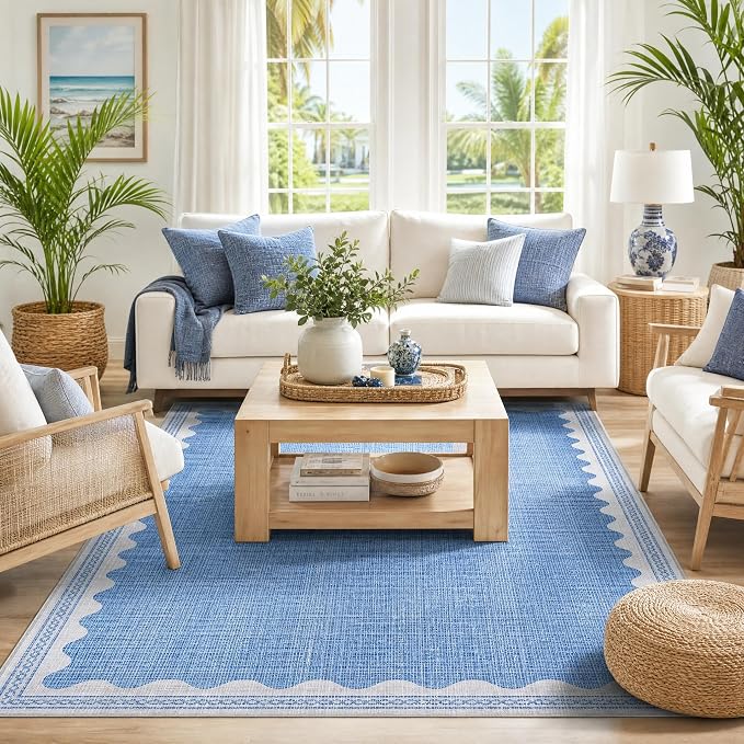 GarveeHome 5x7 Rug for Living Room, Scalloped 5 X 7 Area Rugs Washable Non-Slip Solid Blue Modern Minimalism Low-Pile Carpet for Bedroom Dining Nursery Mat with Rubber Back