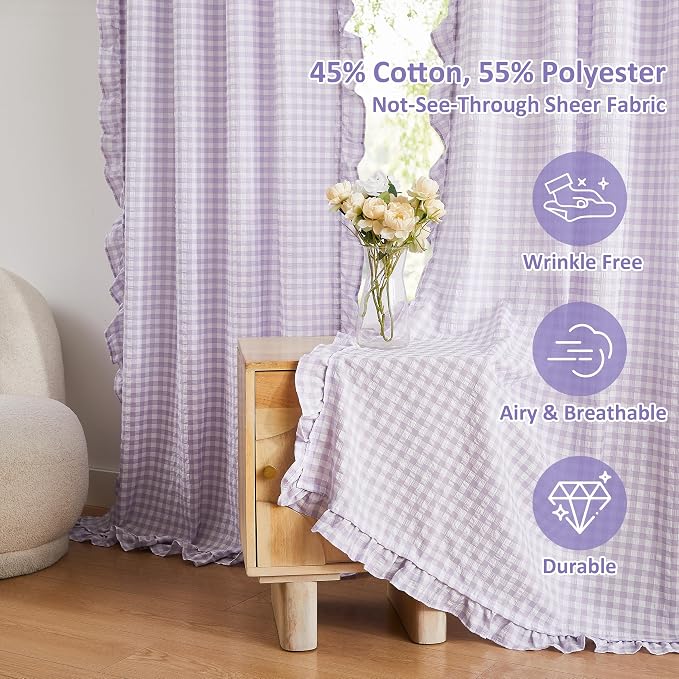 ZJDECOR 63 Inch Purple White Buffalo Plaid Window Curtains for Nursery | Lavendar Kidsroom Cortinas,Not-See-Through Sheer Ruffle Drapes,Bedroom Living Room Window Treatment,Rod Pocket,40"Wx63"Lx2
