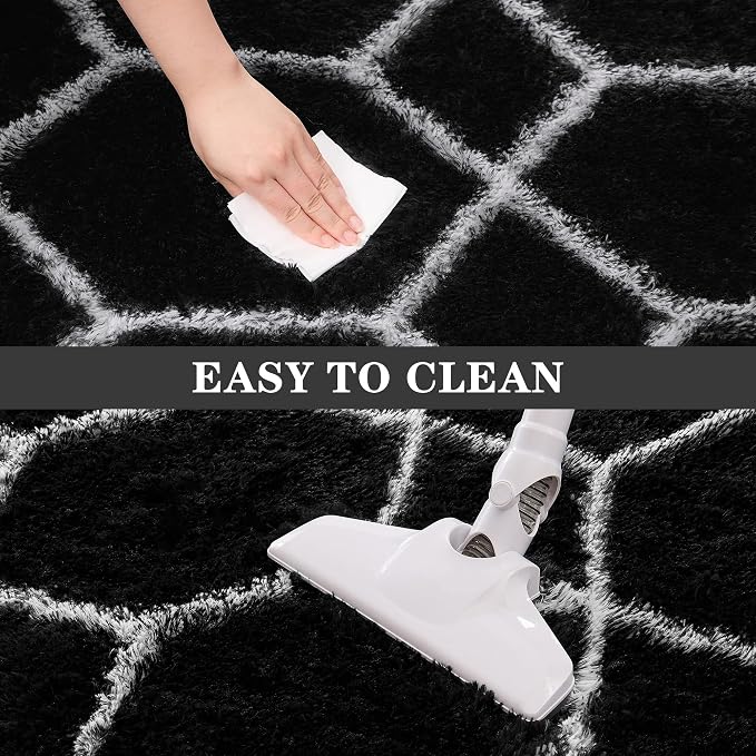 Fluffy Rug for Bedroom, Soft 4x6 Black Shag Plush Geometric Area Rugs | Modern Black and White Rug, Non Slip Carpet for Living Room, Aesthetic Home Decor, Fuzzy Floor Mat for Nursery Teen Dorm