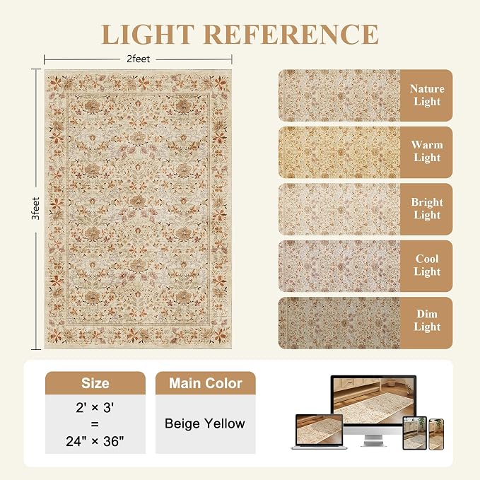 DUKINO 2x3 Entryway Rug, Washable Vintage Floral Area Rug, Beige | Non Slip, Low Pile, Non-Shedding, Soft Indoor Door Mat, Small Front Door Throw Carpet for Bathroom Kitchen Entrance Bedroom