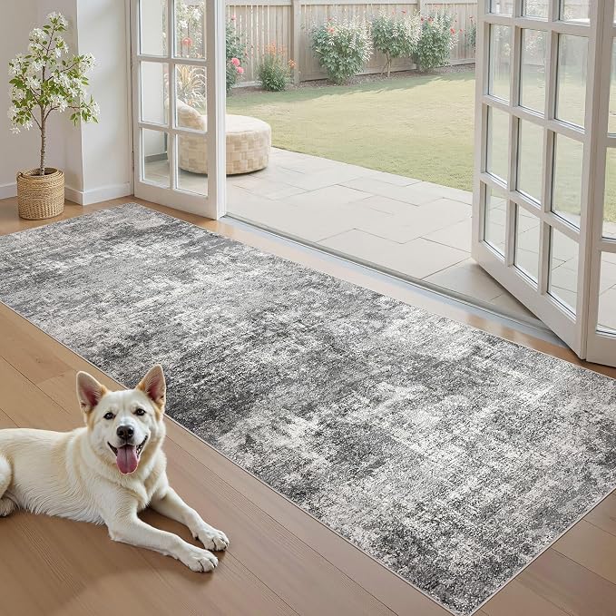 DMOYEST 3x12 Washable Runner Rug, Non Slip Low Pile Carpet Runner for Hallway and Entryway, Kid & Pet Friendly Abstract Modern Area Rug for Kitchen and Dining Room - Grey