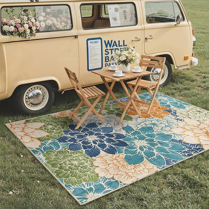 GENIMO 6x9 Outdoor Rug, Washable for Patio and Deck, Teal Blue | Floral design for dining area; fade resistant chenille with quick-dry non-slip backing for indoor sunroom