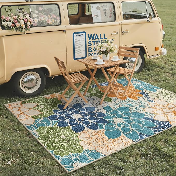GENIMO 4x6 Outdoor Rug, Washable for Porch and Patio, Teal Blue | Floral design for balcony; fade resistant chenille with quick-dry non-slip backing for deck and indoor space
