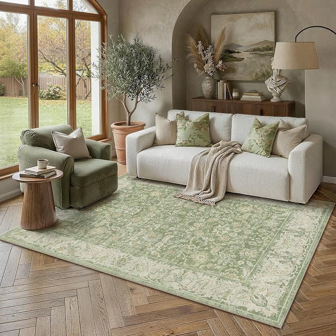 5x7 Green Washable Area Rug Non Slip Retro Distressed Carpet | Soft Low Pile, Lightweight Foldable, Pet Friendly, Living Room, Bedroom, Dining Room, Classroom, Playroom