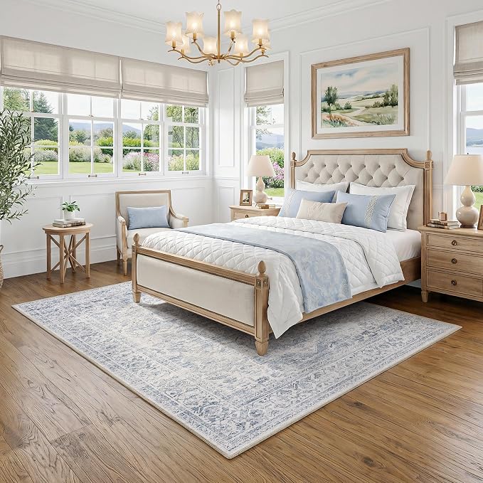 FMFUNCTEX 5x7 Washable Area Rug Blue Neutral Vintage Distressed Non Slip Low Pile Traditional Indoor Carpet for Living Room Bedroom Soft Retro Mat Throw Rug for Dining Office Kitchen Dorm Entryway