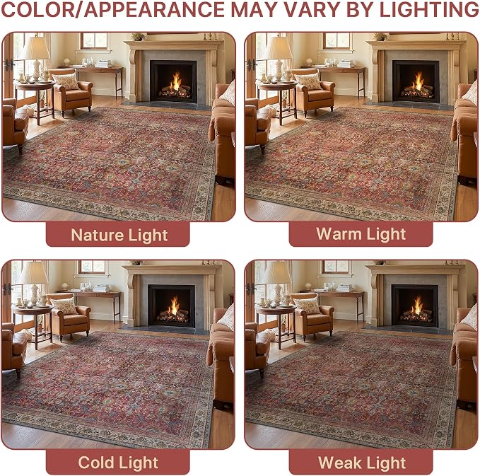 BESBLEE 9X12 Area Rugs Machine Washable Rugs for Living Room, Vintage Boho Large Rugs for Bedroom Dining Room, Non Slip Indoor Soft Distressed Lightweight Thin Low Pile Carpet, Rust Red