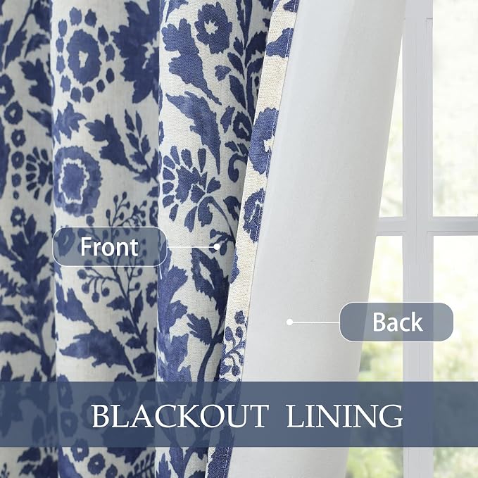 DriftAway Julia 100% Blackout Curtains Grommet 2 Panels, W52xL84, Navy | Floral Curtains, Bedroom, Living Room, Linen Blend, Watercolor Pattern, 2 Layers, Thermal Insulated, Window Treatment