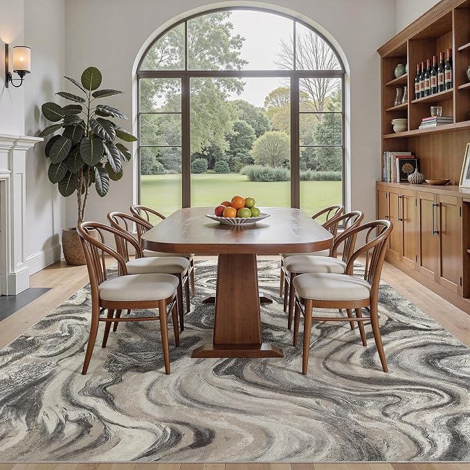 DMOYEST 9x12 Area Rug for Living Room:Washable Modern Neutral Abstract Rug with Low Pile Non Slip Soft Thin Large Indoor Carpet for Bedroom Dining Room Home Office Decor-Ash Grey