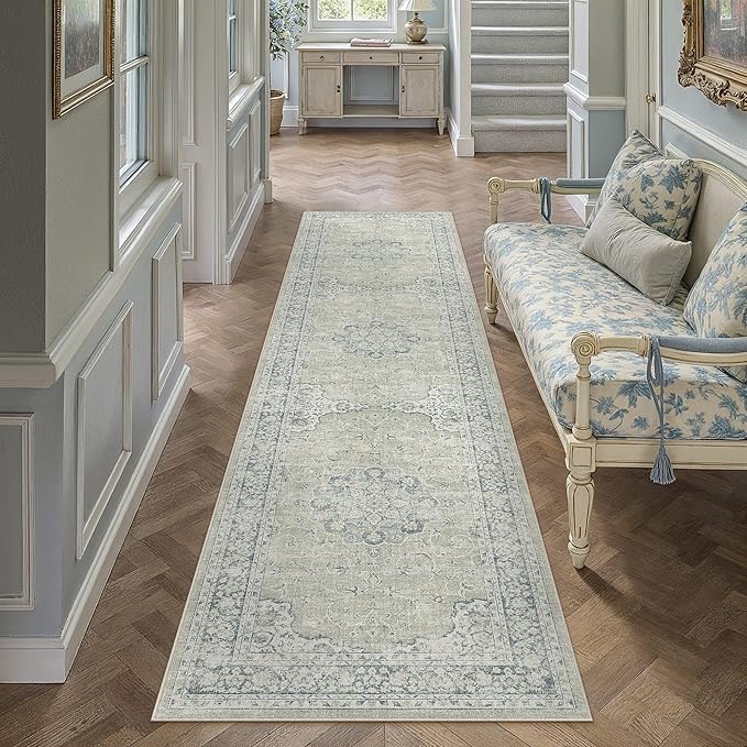 HUGEAR Hallway Runner Rugs 2x8 Machine Washable Vintage Sage Green Throw Carpet Non Slip Stain Resistant Low Pile for Bedroom Kitchen Retro Aesthetic Modern Decor