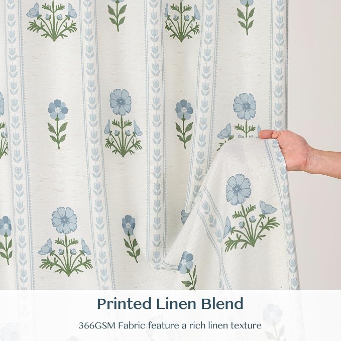 THREE GIRLS Pinch Pleated Light Filtering Linen Blend Floral Block Print Curtains for Living Room, Bedroom, Modern Farmhouse, Memory Trained, Hooks, 2 Panels Set, 40"x90", Blue
