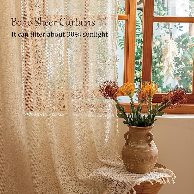 Sutuo Home Beige Boho Vintage Lace Curtains 108 inches Long for Dining Room Living Room, Rustic Semi Sheer Curtains Farmhouse Privacy Crochet Tassels Victorian Style Rod Pocket Decor, 2 Panels 50" W