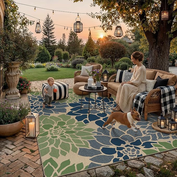 PureCozy 9x12 Easy Jute Outdoor Rug Navy/Green Floral Textured Indoor Outdoor Area Rug Farmhouse Patio Carpet for Backyard, Patio, Porch, Easy-Cleaning, High Traffic, Pet-Friendly, Non-Shedding