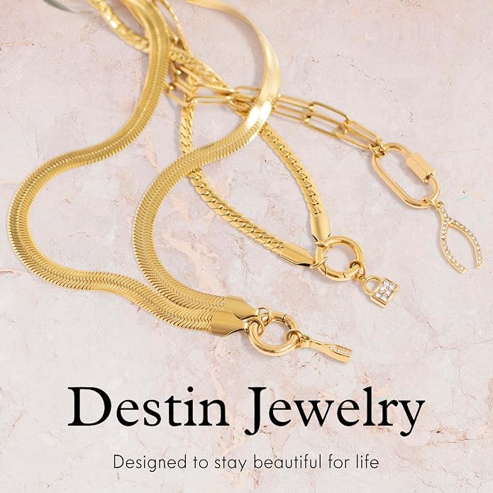 Destin Jewelry 18K Gold Plated Herringbone Necklace for Women and Men, Waterproof Flat Snake Chain, Stainless Steel Non Tarnish Layering Necklace