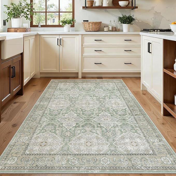 Soalmost 3x5 Rug, Small Area Rug for Kitchen, Entryway, Machine Washable Non-Slip Throw Rug, Vintage Carpet for Nursery Coffee Table Green/Brown