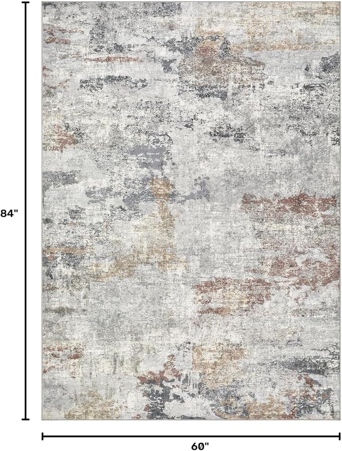 DMOYEST 5x7 Area Rug - Washable & Non Slip Indoor Rug for Living Room, Kid & Pet Friendly Abstract Low Pile Soft Carpet for Bedroom and Dining Room - Grey/Orange/Yellow