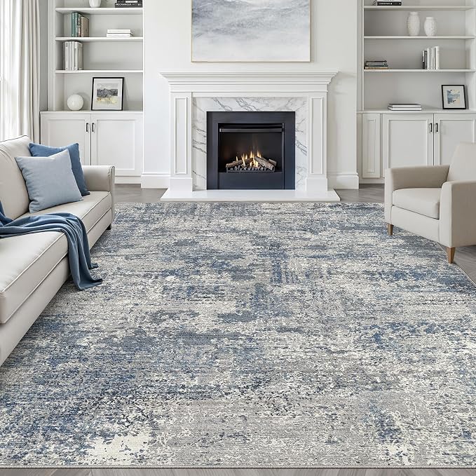 7x9 Area Rug Living Room: Washable Large Neutral Rug Abstract Soft Modern Stain Resistant Indoor Floor Non-Slip Carpet for Bedroom Nursery Kids Office Playroom Dining Room Under Table- Blue Gray