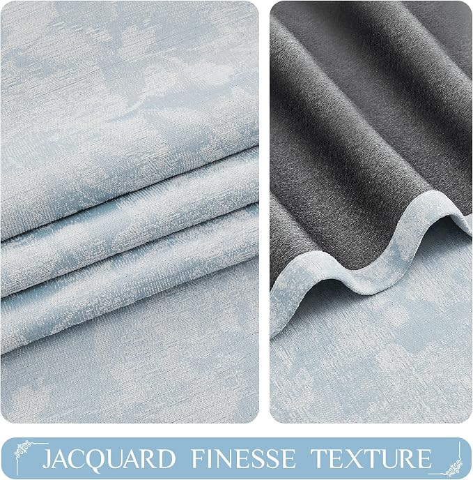 Beauoop Blue Floral Jacquard Blackout Curtains for Bedroom 52x84 2 Panels | Flower Chenille Room Darkening Drapes for Living Room 84 Inch Long Thermal Insulated Soundproof Window treatment Rod Pocket