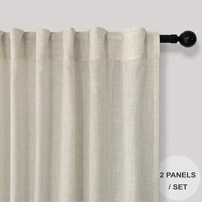 Pitalk Flax Linen Sheer Curtains 68 Inch Length 2 Panel Set for Living Room Back Tab Pocket Pleated Farmhouse Coastal Decor Cotton Textured Gauze Curtain for Dining Room Home Office French Door Beige
