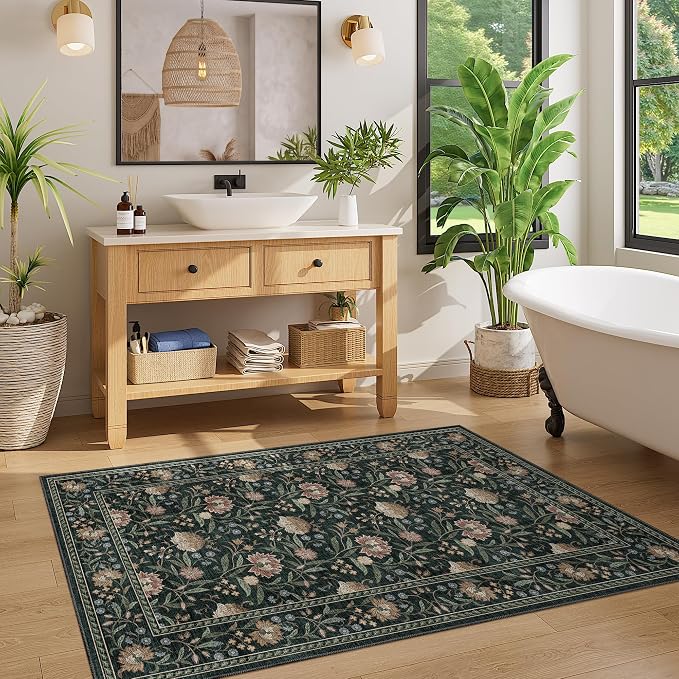DUKINO 3x5 Rug Washable Vintage Floral Bedroom Area Rug Non Slip Dark Green | Low Pile, Non-Shedding, Stain Resistant Boho Lightweight Soft Indoor Carpet for Bathroom Office Dining Living Room Farmhouse