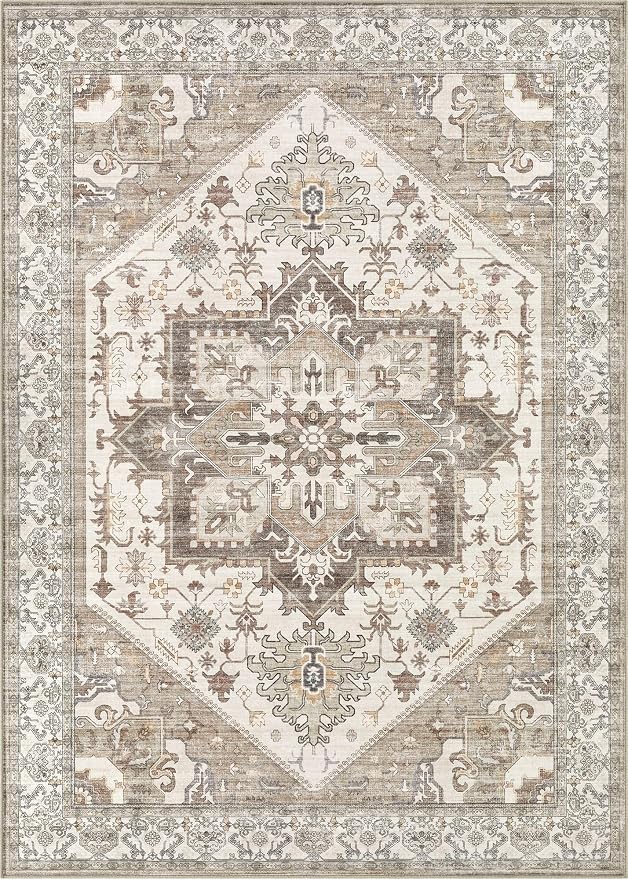 8x10 Area Rug for Living Room- Machine Washable Soft Oriental Vintage Large Indoor Floor Carpet for Bedroom Under Dining Table Home Office Decor - Beige Brown