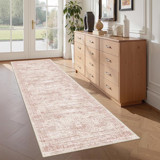 2x6 Runner Rug Non Slip,Washable Hallway Runner Rug,Pink | Neutral Rugs for Kitchen,Entryway,Bedroom,Bathroom,Nursery Room,Thin,Soft Runner Rug,Stain Resistant Indoor Carpet