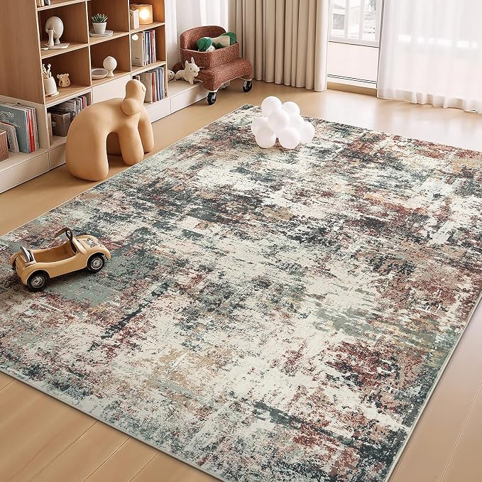 Rugflix 5x7 Area Rugs for Living Room, Washable Large Rug Stain-Resistant Low Pile, Modern Carpet for Dining Room Home Office Kid Room Nursery Bedroom, Rust Brown Green