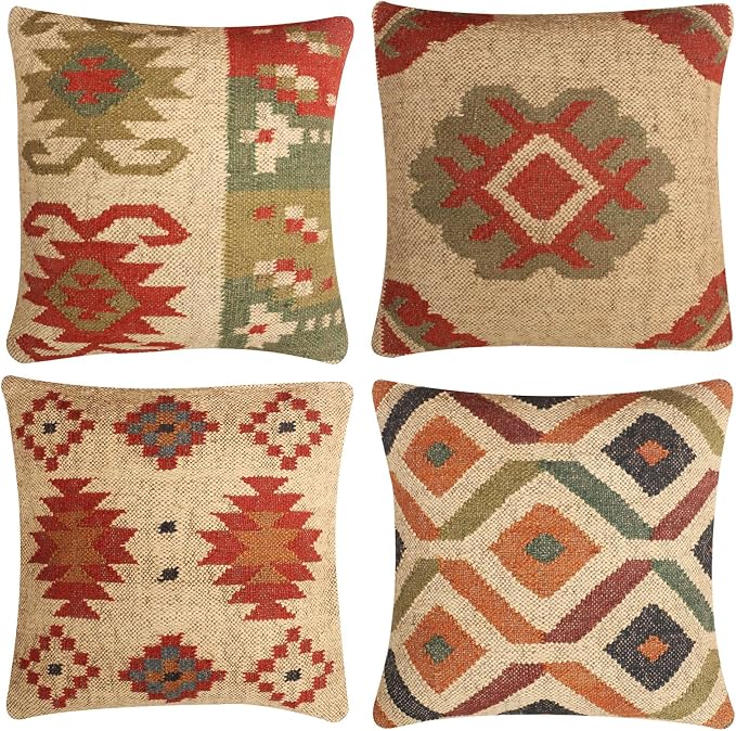 Set of 4 Wool Jute Vintage Kilim Cushion Covers,Home Decor Pillowcases Handwoven Turkish Pillow Decorative Throw Pillow Covers (Multicolor-11)