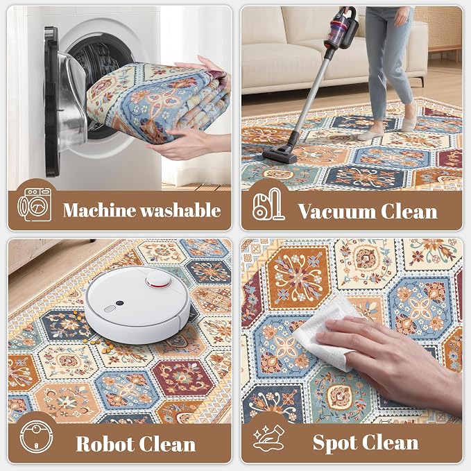 Area Rugs 9x12 Living Room, Soft Non-Slip Vintage Boho Moroccan Rug, Low-Pile Printed Washable Area Rugs Carpet for Living Room, Bedroom, Dining Room -Multi | Soft Low-Pile Printed Washable Area Rugs Carpet for Living Room, Bedroom, Dining Room - Multi