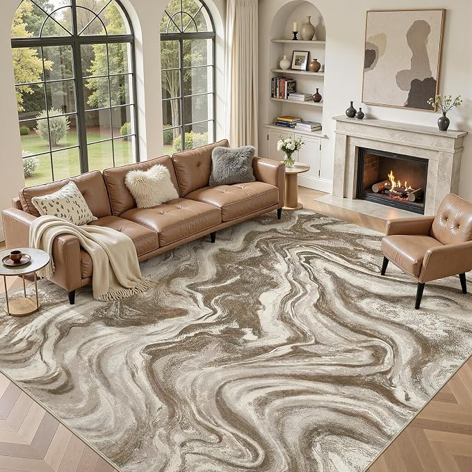 DMOYEST 8x10 Area Rug for Living Room:Washable Modern Neutral Abstract Rug with Low Pile Non Slip Soft Thin Large Indoor Carpet for Bedroom Dining Room Home Office Decor-Sand Brown