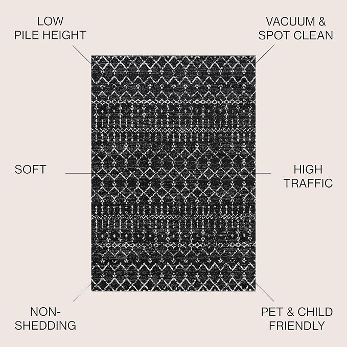 JONATHAN Y Boho Vintage Diamond Black/Ivory Square Area Rug 7X7 ft, Moroccan Hype for Living Room, Bedroom, Kitchen, Office, Easy-Cleaning, High Traffic, Pet-Friendly, Non-Shedding (MOH101D-7SQ)