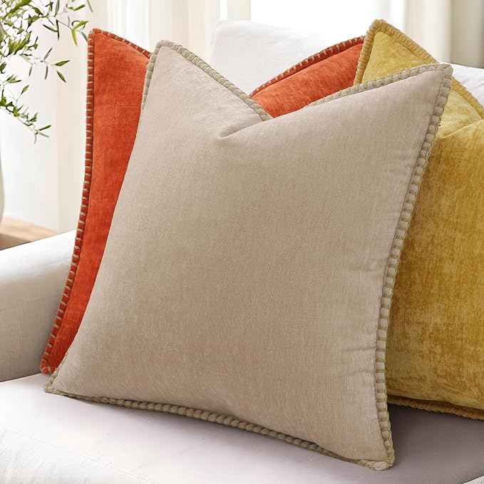 decorUhome Soft Chenille Throw Pillow Covers 12x12 Set of 2 Beige | Fall Textured Decorative Throw Pillow Cases Stitched Edge Modern Farmhouse Luxury Boho Velvet for Couch Sofa Bed Home Decor