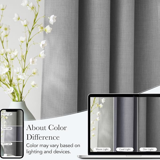 NICETOWN Light Grey Faux Linen Room Darkening Rod Pocket Curtains 63 inch Length, W42 x L63, Light Blocking Thermal Insulated Noise Reducing Drapes for Bedroom Living Room Farmhouse Decor, 2 Panels