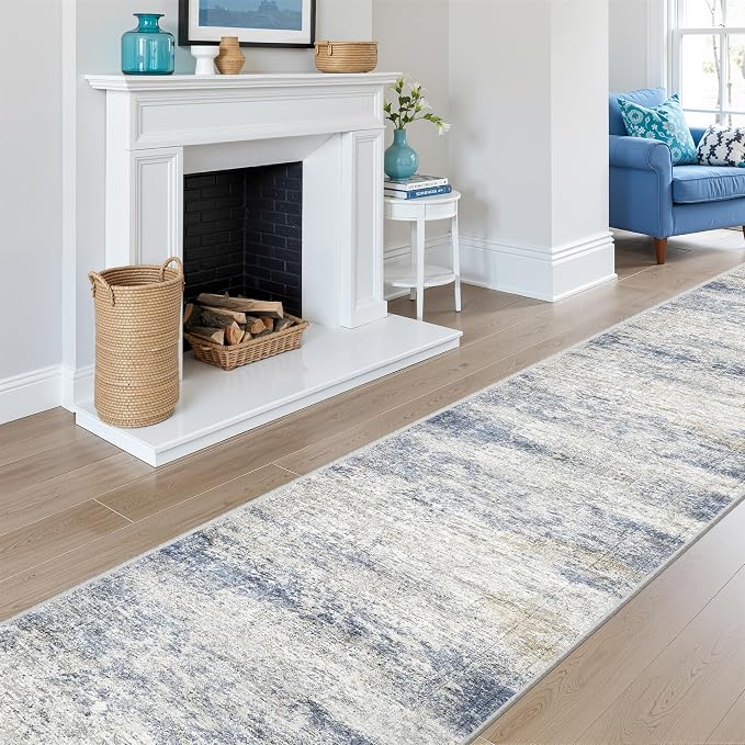 2x12 Runner Rug Non Slip,Washable Hallway Runner Rug,Blue | Long Neutral Rugs for Kitchen,Entryway,Bedroom,Bathroom,Laundry Room,Thin,Soft Runner Rug,Stain Resistant Indoor Carpet