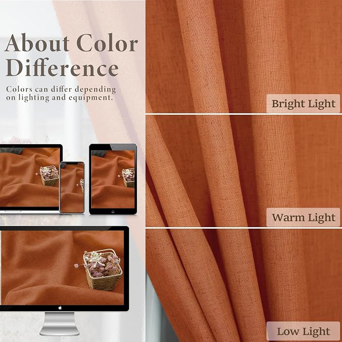 Pitalk 60 Inch Wide Curtains for Living Room 2 Panels Back Tab Pocket Drape Semi Sheer Linen Extra Large Burnt Orange Curtains for Home Office Hotel Flat Family Sunroom 5 FT Width by 9 FT Long 60x108