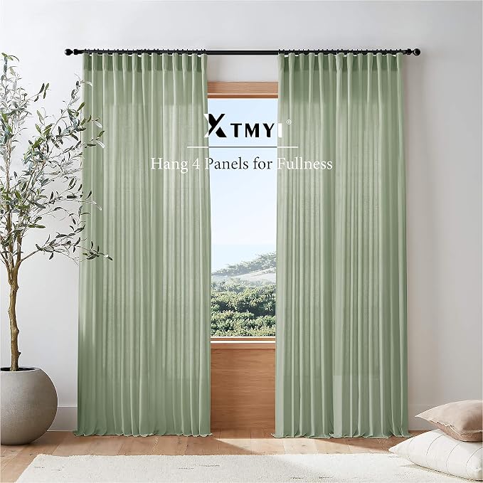 XTMYI Country Curtains for Living Room,Sheer Linen Curtains for Bedroom 90 Inches Long,70 Inches Wide Sage Green
