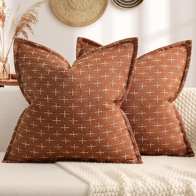 ZWJD Fall Pillow Covers 18x18 Set of 2 Soft Polyester Textured Rust Pillow Covers with Stylish Flange Edge Cozy Farmhouse Throw Pillows for Couch Bed Sofa Living Room Fall Decor