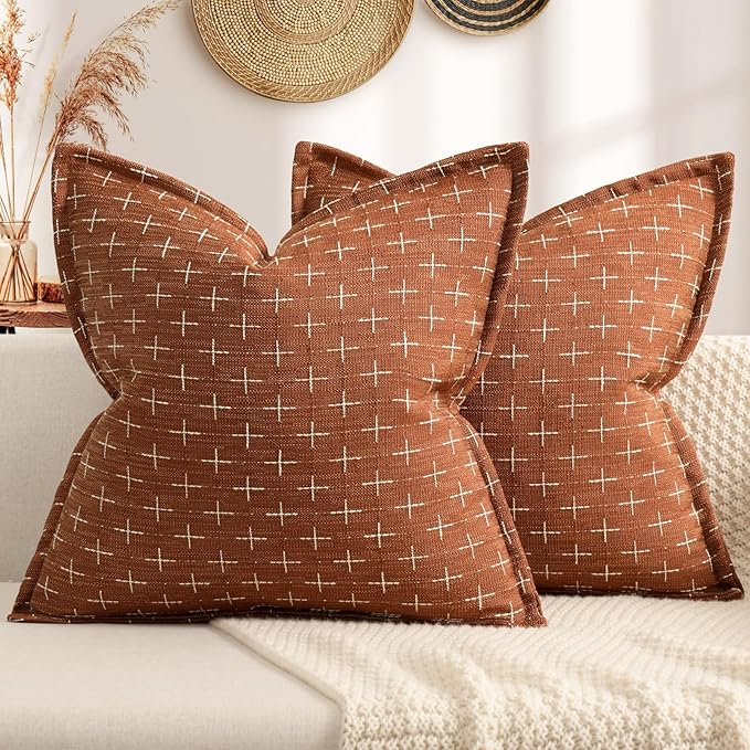 ZWJD Fall Pillow Covers 16x16 Set of 2 Soft Polyester Textured Rust Pillow Covers with Stylish Flange Edge Cozy Farmhouse Throw Pillows for Couch Bed Sofa Living Room Fall Decor