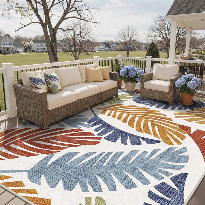 GENIMO 10x14 Outdoor Rug, Washable Quick Dry for Patio, Leaf Rust Navy | Botanical leaf design for gazebo; lightweight chenille with quick-dry non-slip backing for indoor living spaces.