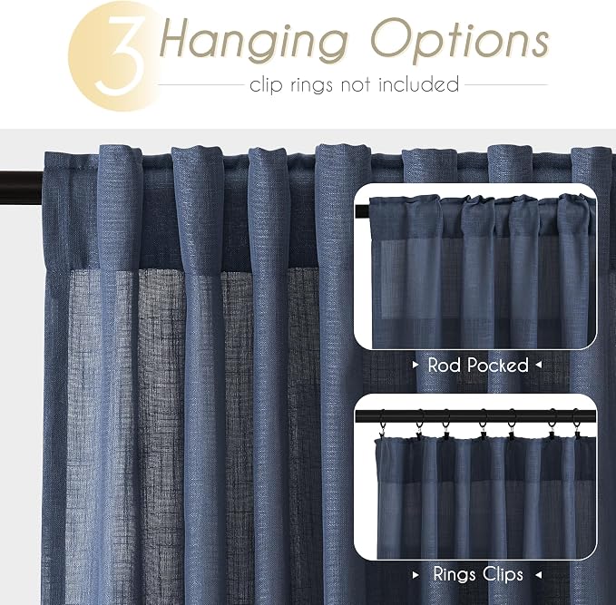 Navy Blue Curtains for Living Room Back Tab Modern Farmhouse Semi Sheer Blue Curtains 132 inches Long 2 Panels Set Muted Neutral Window Curtain for Dining Room Bedroom 52x132
