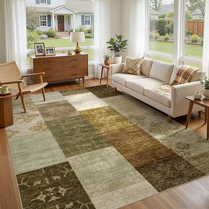 UERMEI 10x12 Area Rug for Living Room - Washable Neutral Modern Abstract Carpet, Non-Slip Soft Large Indoor Floor Rugs for Bedroom Home Office & Under Dining Table Decor, Brown/Green