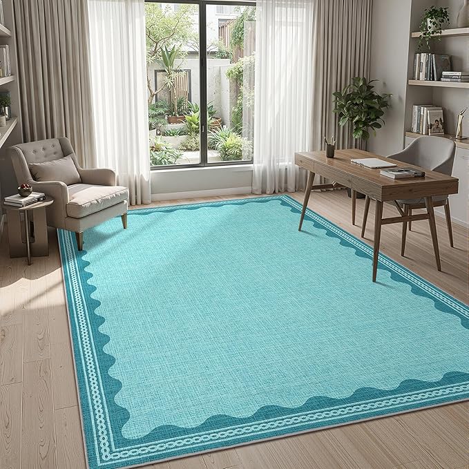 GarveeHome Scalloped Teal Washable Rugs 5x7 Rug for Living Room Solid Modern Minimalism Soft Low-Pile Carpet for Bedroom Dining Nursery Non Slip TPE Backing