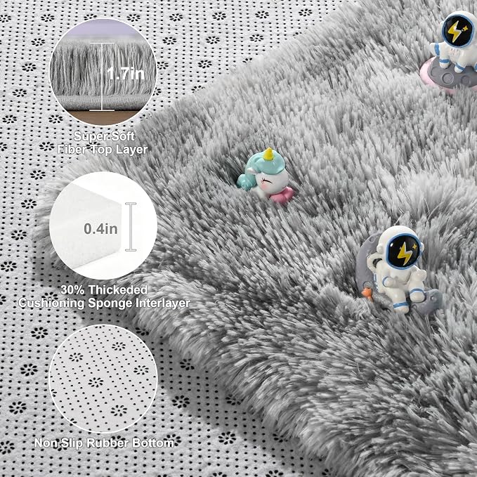 Fluffy Rugs for Living Room: Tie-dye Light Grey Soft Shag Rug for Bedroom, Large Fuzzy Plush Indoor Floor Carpet Non Slip Modern Rug for Nursery Boys Girls Kids Room Dorms Home Decor, 7x10 Feet