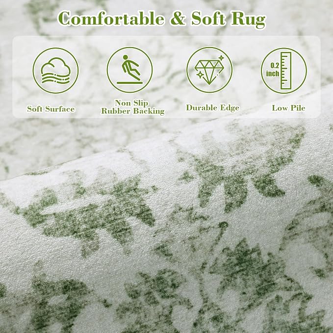 Sage Green 2x4 Runner Rug for Hallways Bed Side Kitchen, Boho Washable Distressed Low-Pile Floor Entryway Long Bathroom Mat, Non-Slip Laundry Room Washstand Front Carpet Green 24x48 Inch